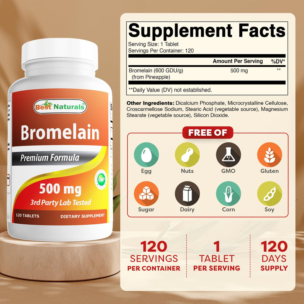 Best Naturals Bromelain tablets close-up shows 500 mg strength