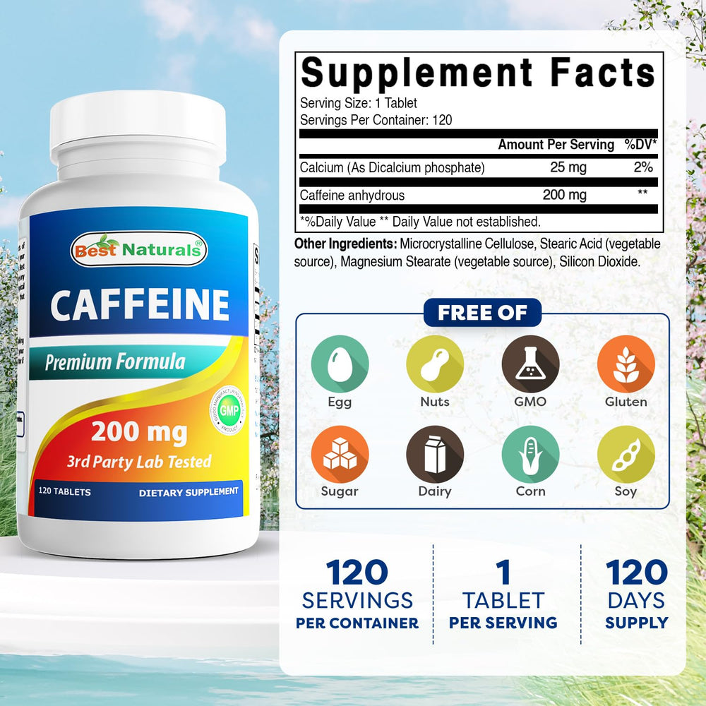 Best Naturals Caffeine Pills 200mg bottle back with dosage info