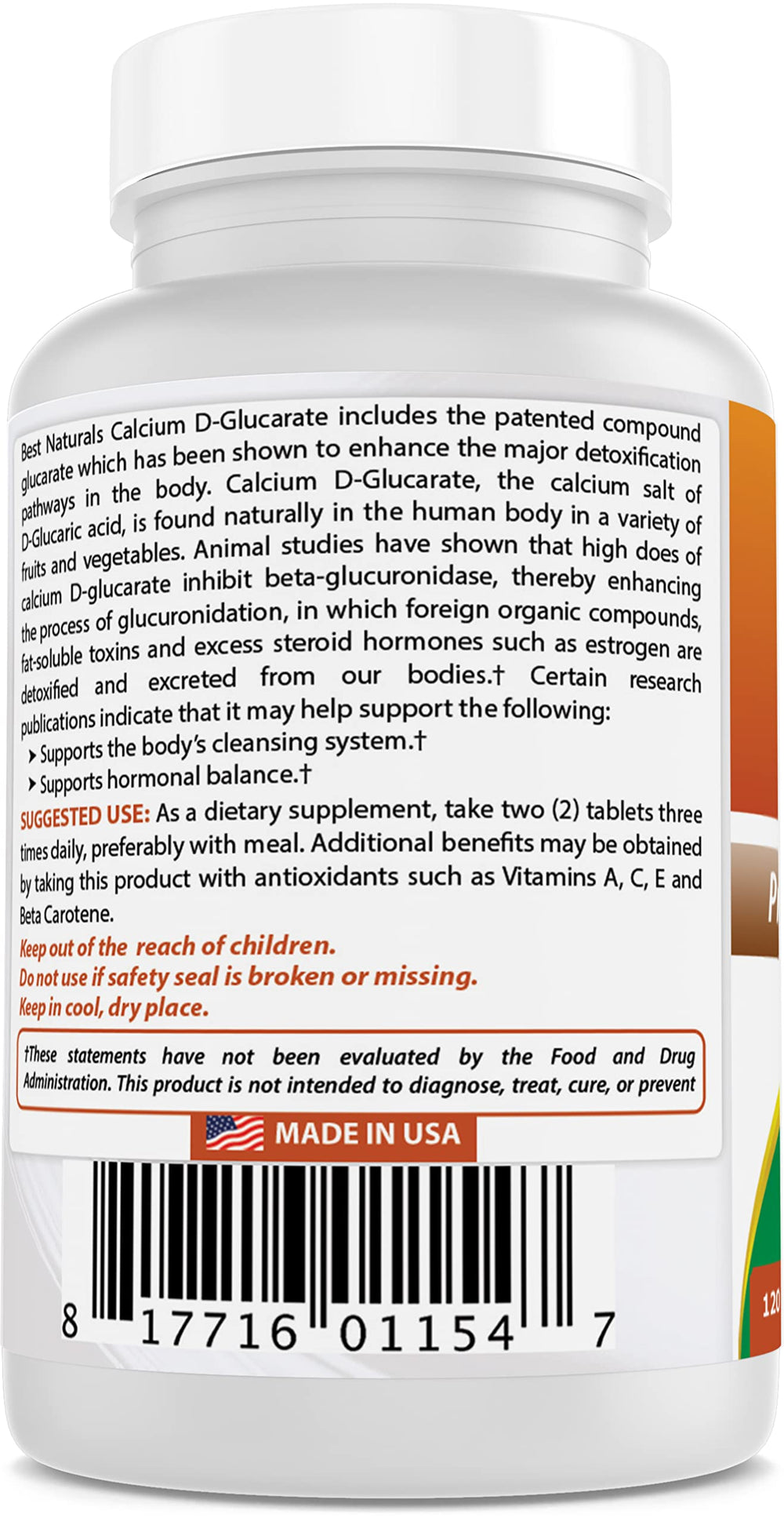Best Naturals Calcium D-Glucarate dosage panel details 200 mg per tablet.