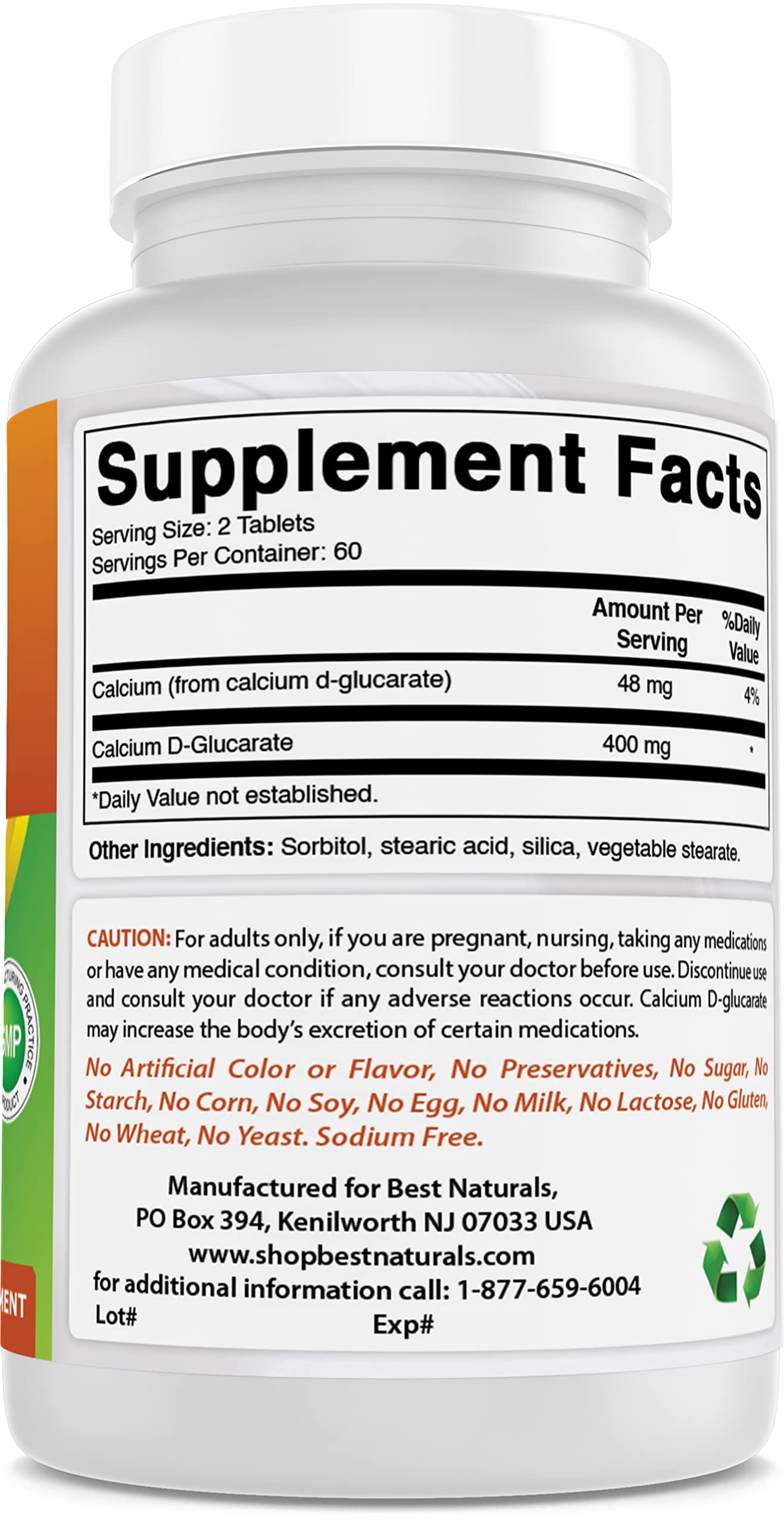 Best Naturals Calcium D-Glucarate label emphasizes USA-made purity and certifications.