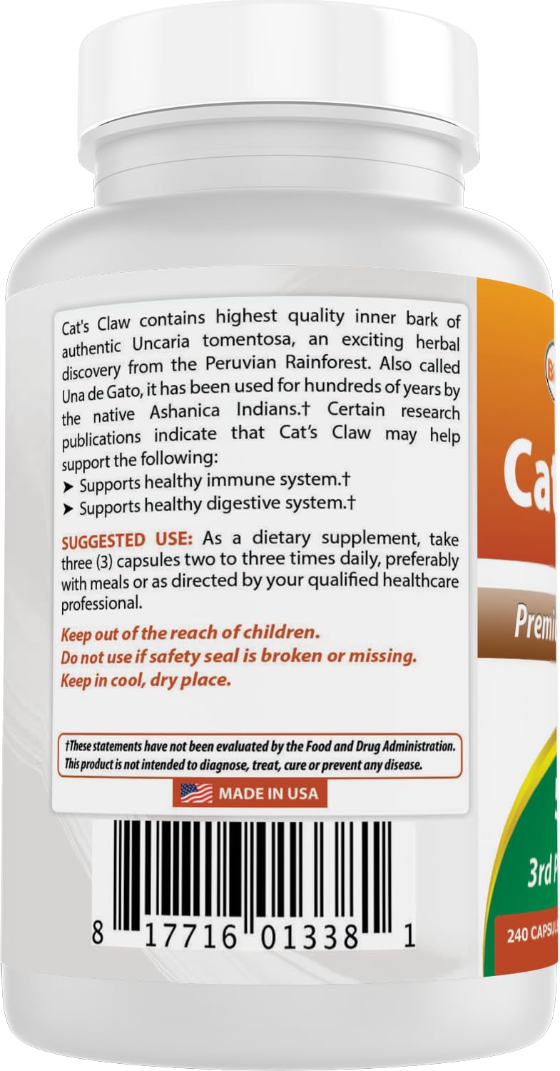 Best Naturals Cat's Claw ingredients list clearly shows dosage and labels