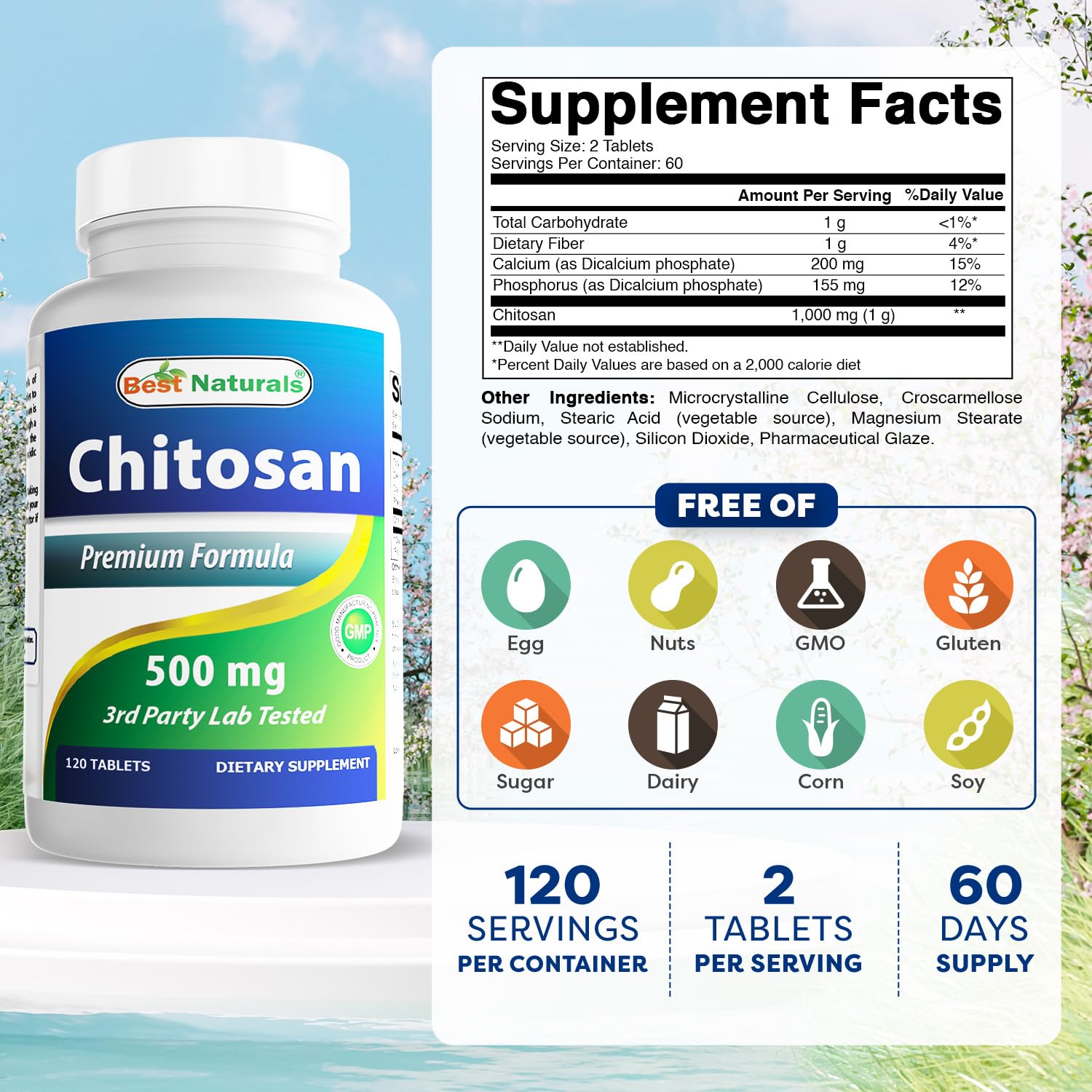 Best Naturals Chitosan bottle close-up highlighting tablet texture for easy daily use.