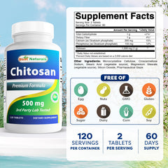 Best Naturals Chitosan bottle close-up highlighting tablet texture for easy daily use.