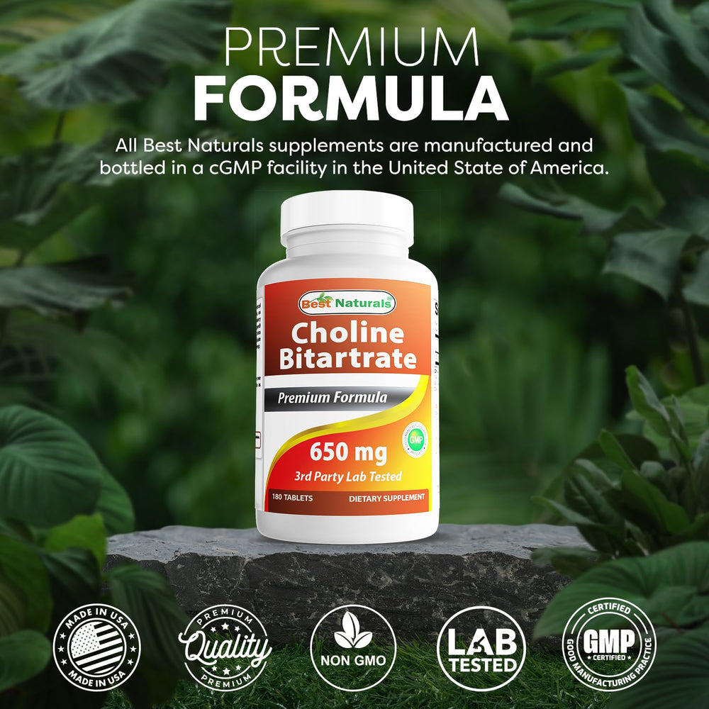 Third-party lab testing seal on Best Naturals Choline Bitartrate bottle.