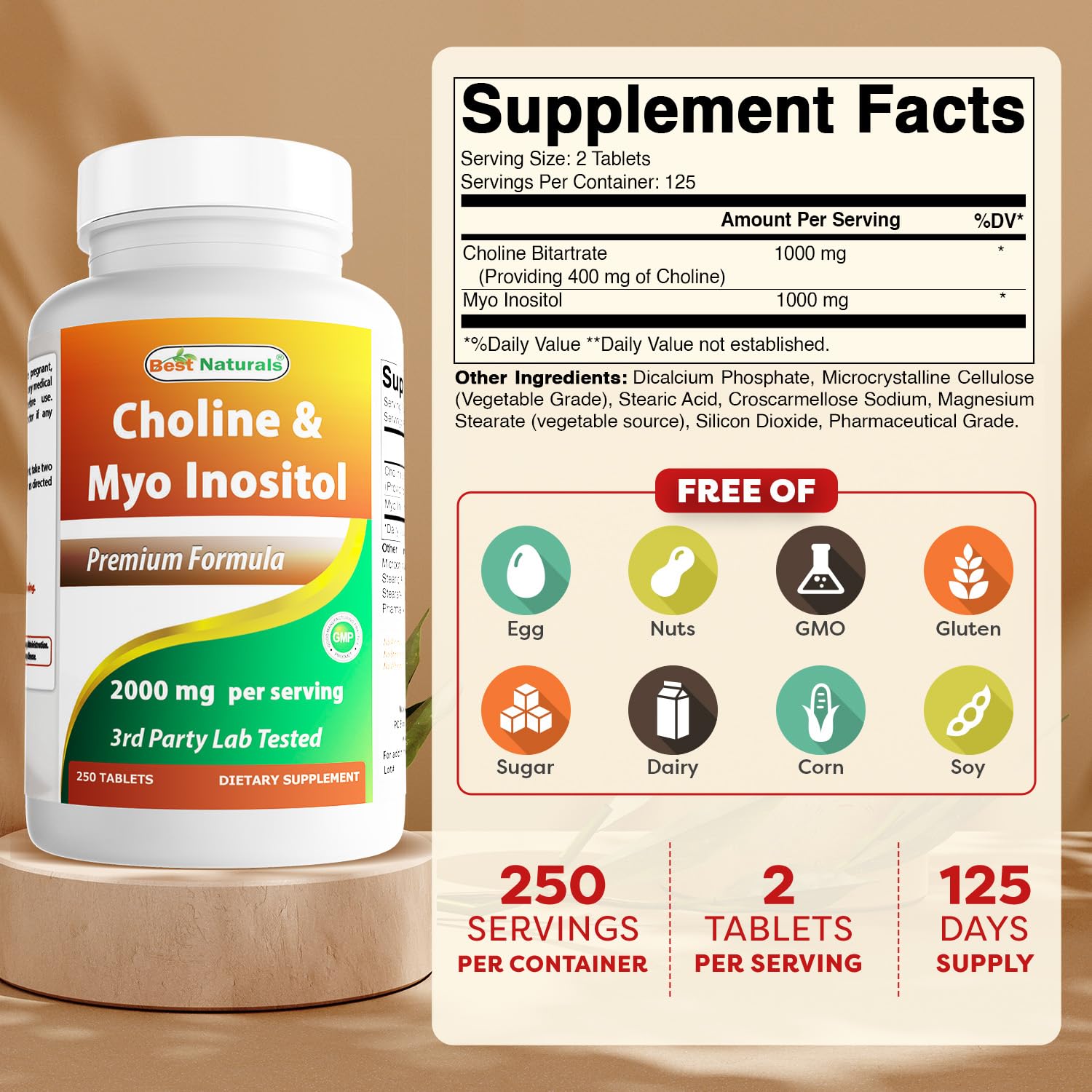 Close-up of Best Naturals Choline Inositol tablets for convenient daily intake