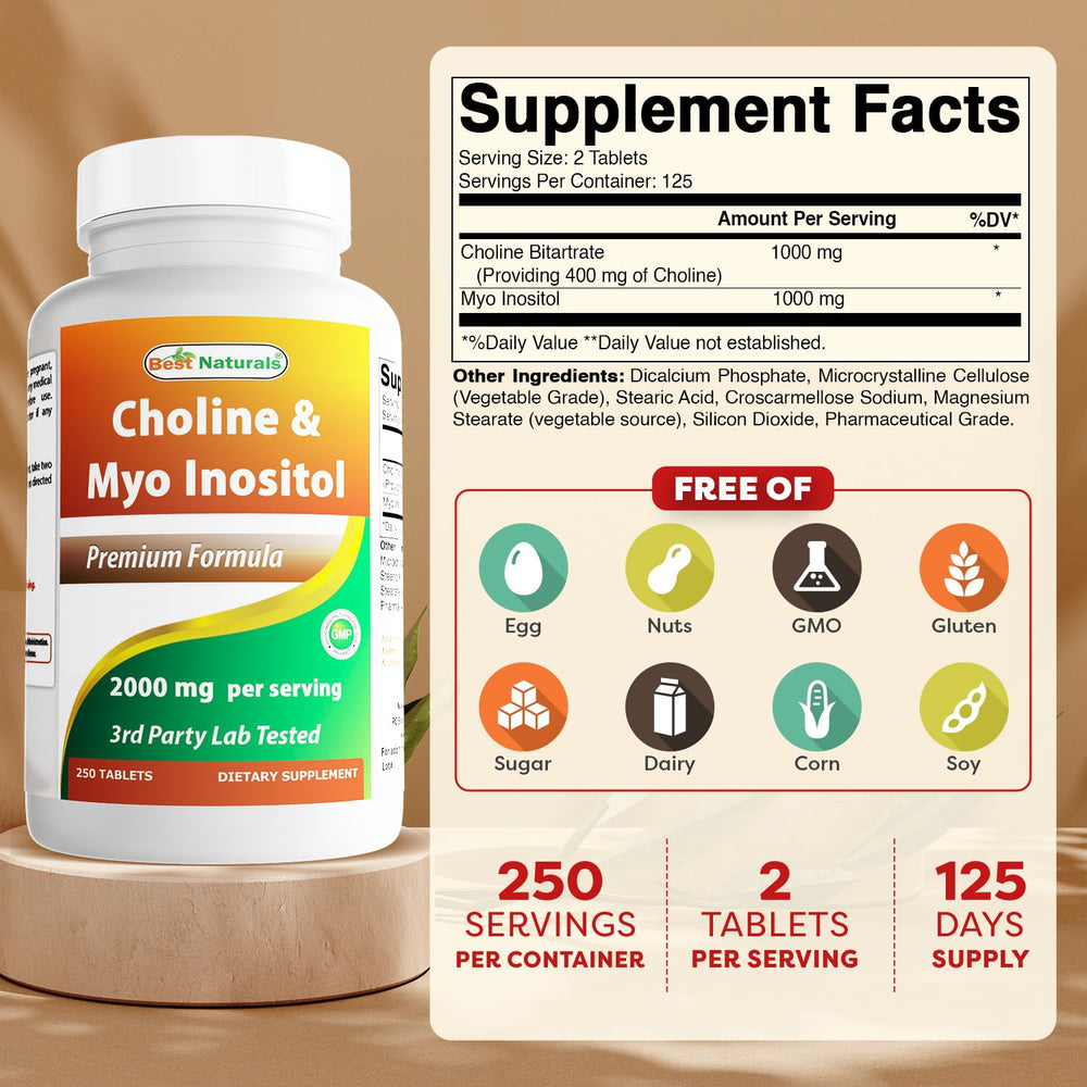 Close-up of Best Naturals Choline Inositol tablets for convenient daily intake