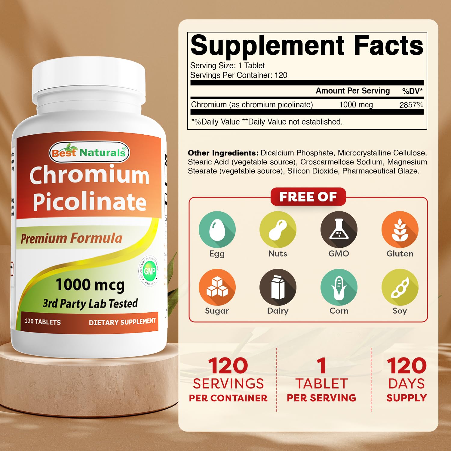 Best Naturals Chromium Picolinate bottle label close-up, non-GMO and gluten-free formula.