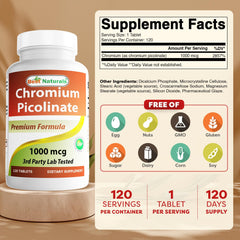 Best Naturals Chromium Picolinate bottle label close-up, non-GMO and gluten-free formula.