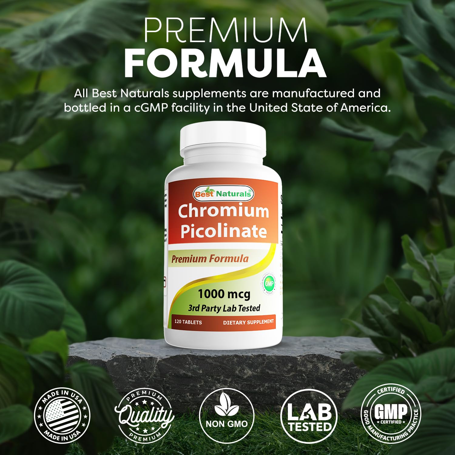Best Naturals Chromium Picolinate displayed with gluten-free and non-GMO messaging.
