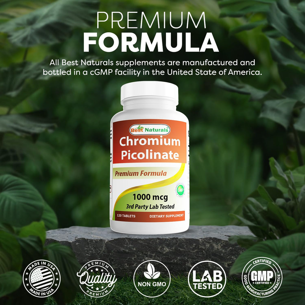 Best Naturals Chromium Picolinate displayed with gluten-free and non-GMO messaging.