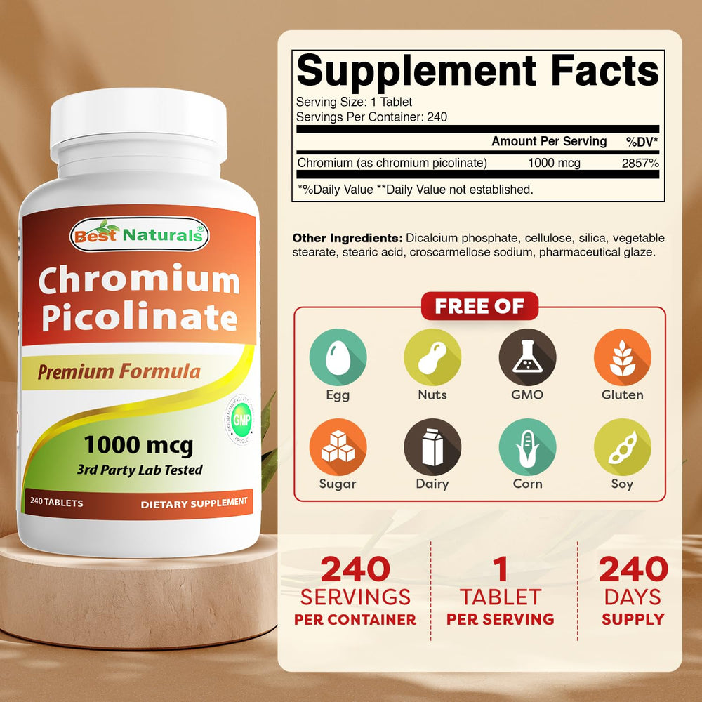 Tablets close-up of Best Naturals Chromium Picolinate for daily use