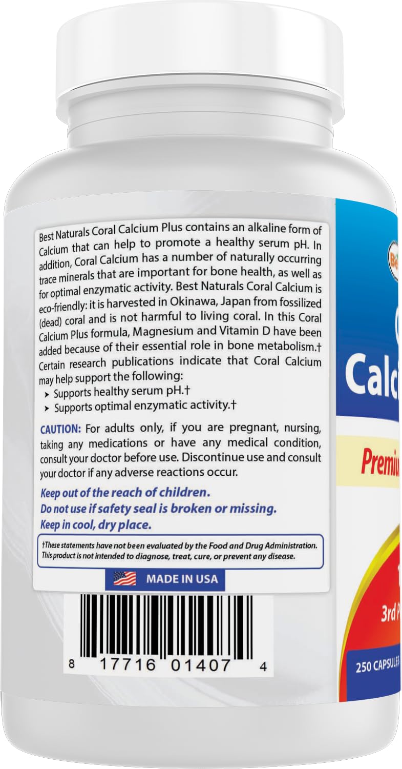 Best Naturals Coral Calcium Plus packaging emphasizes 125 servings and non-GMO formula.