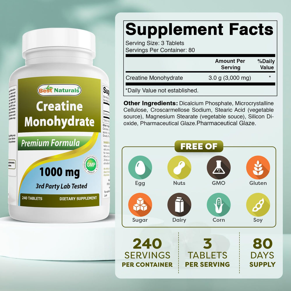 Best Naturals Creatine Monohydrate bottle closeup with clear label and quality