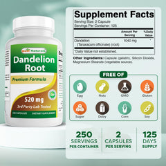 Best Naturals Dandelion Root capsules closeup showing 520 mg potency