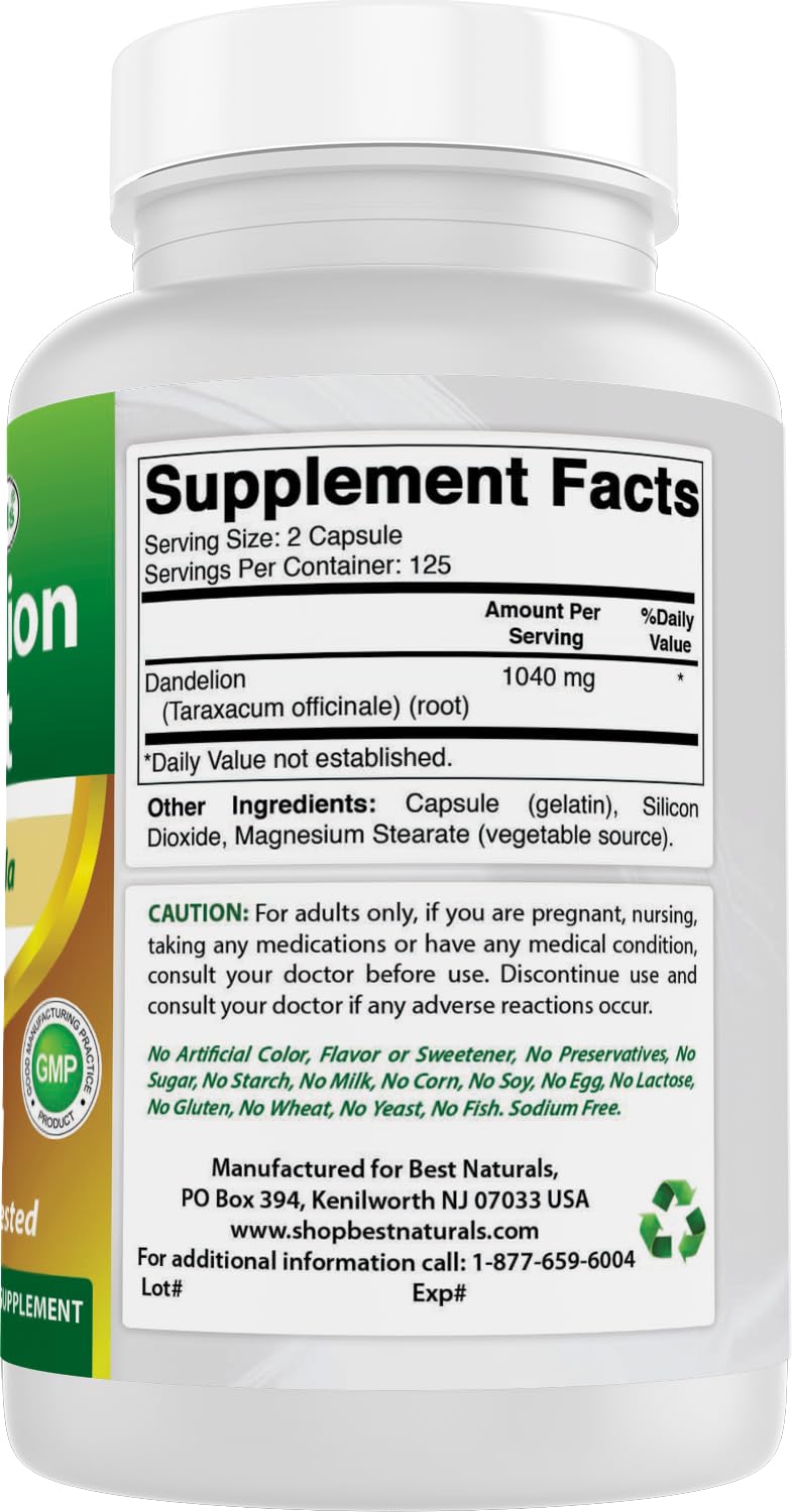 Best Naturals Dandelion Root Non-GMO Gluten-Free claim on packaging