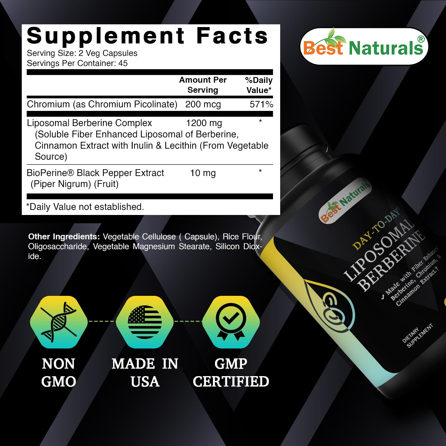 Best Naturals Liposomal Berberine bottle side shows Bioperine for potential absorption boost.