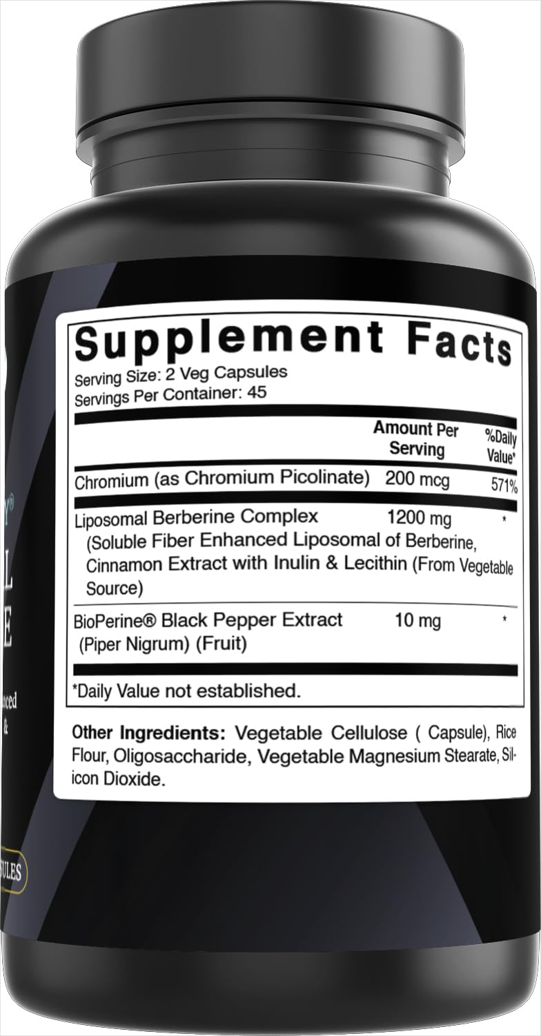 Best Naturals Liposomal Berberine nutrition label notes fiber chromium and cinnamon extract.