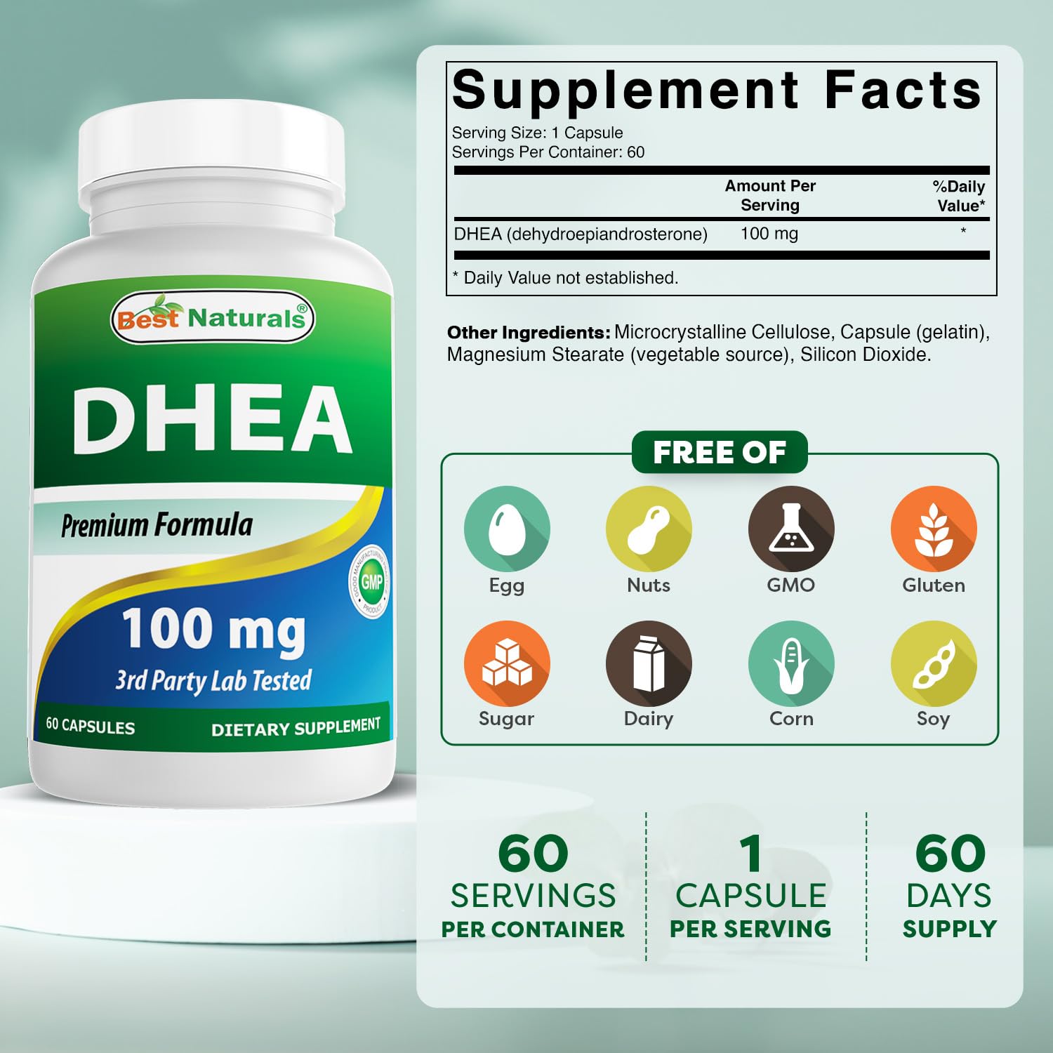 Best Naturals DHEA capsules arranged in bottle for easy daily use.