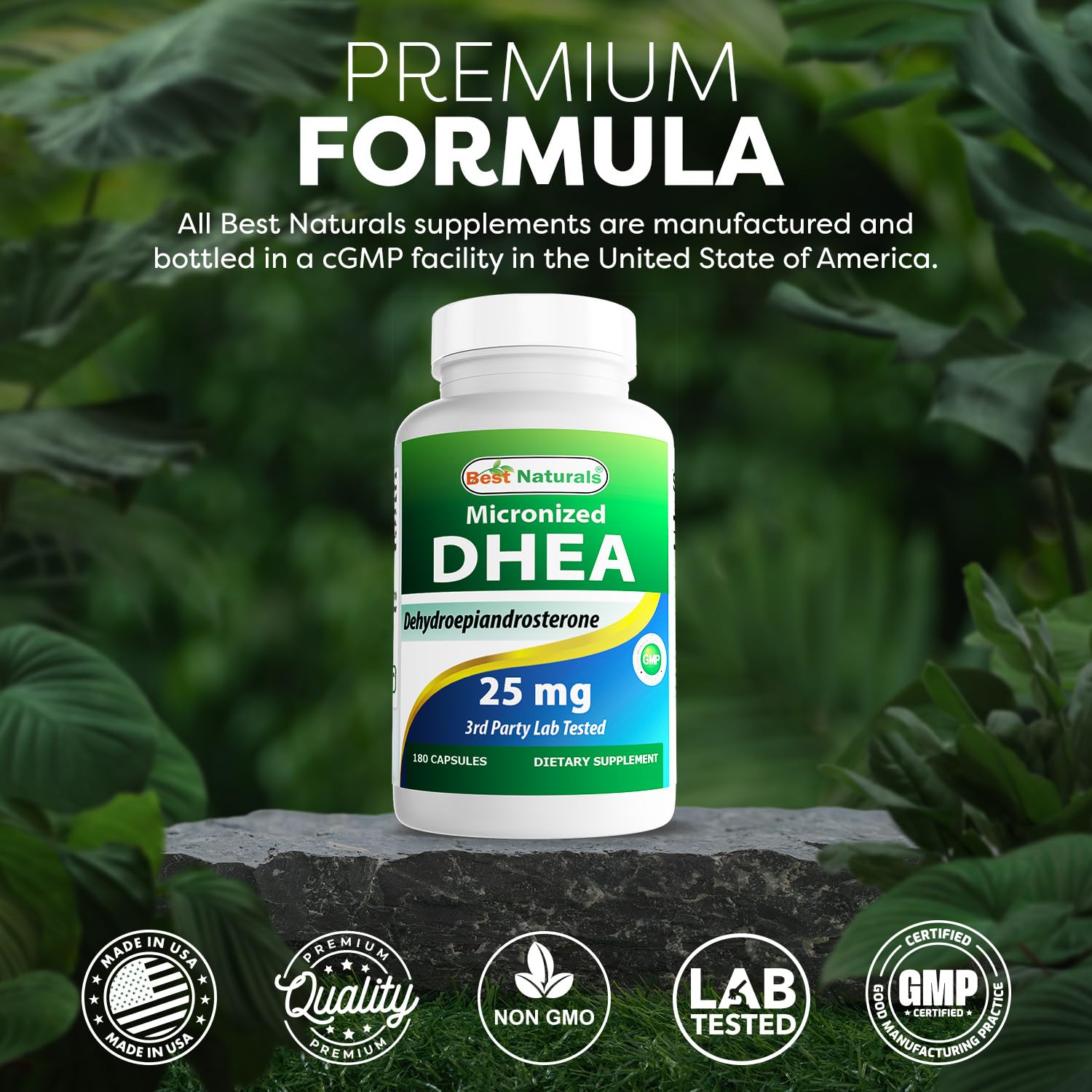 Best Naturals DHEA lab-tested badge on packaging signals quality assurance