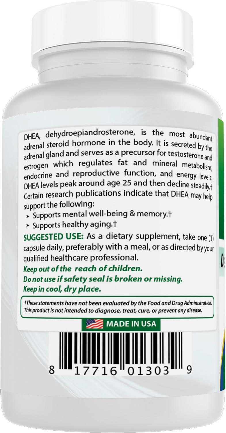 Best Naturals DHEA bottle tag says made in USA and GMP compliant facility