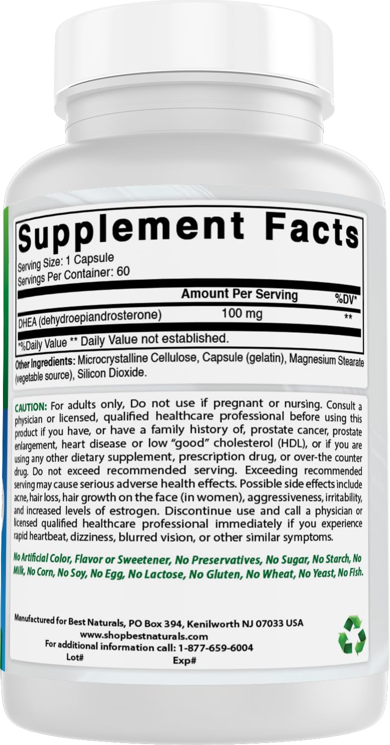 Best Naturals DHEA non-GMO and gluten-free formula on label.