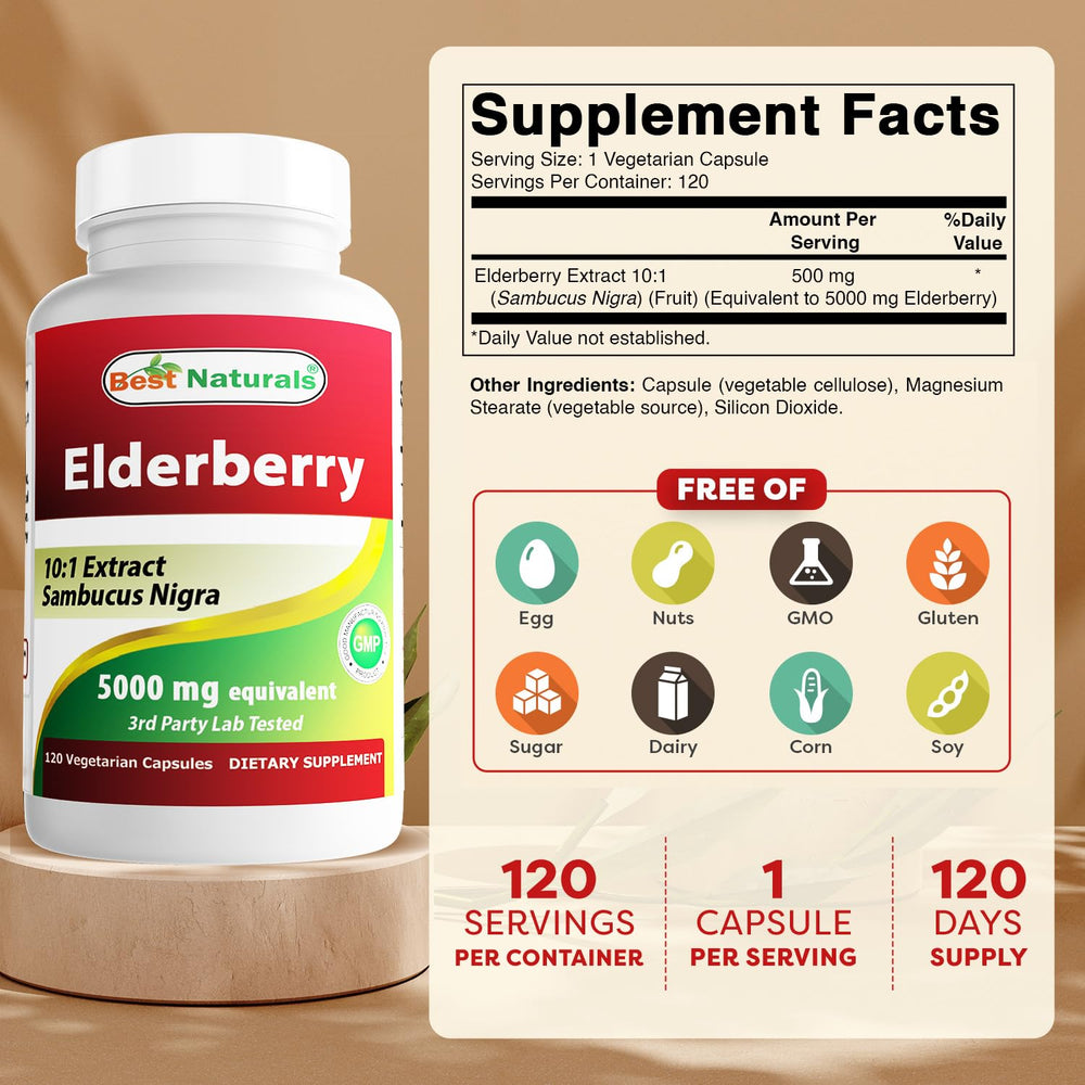 Best Naturals Elderberry capsules closeup highlight vegetarian formula for convenient daily use.