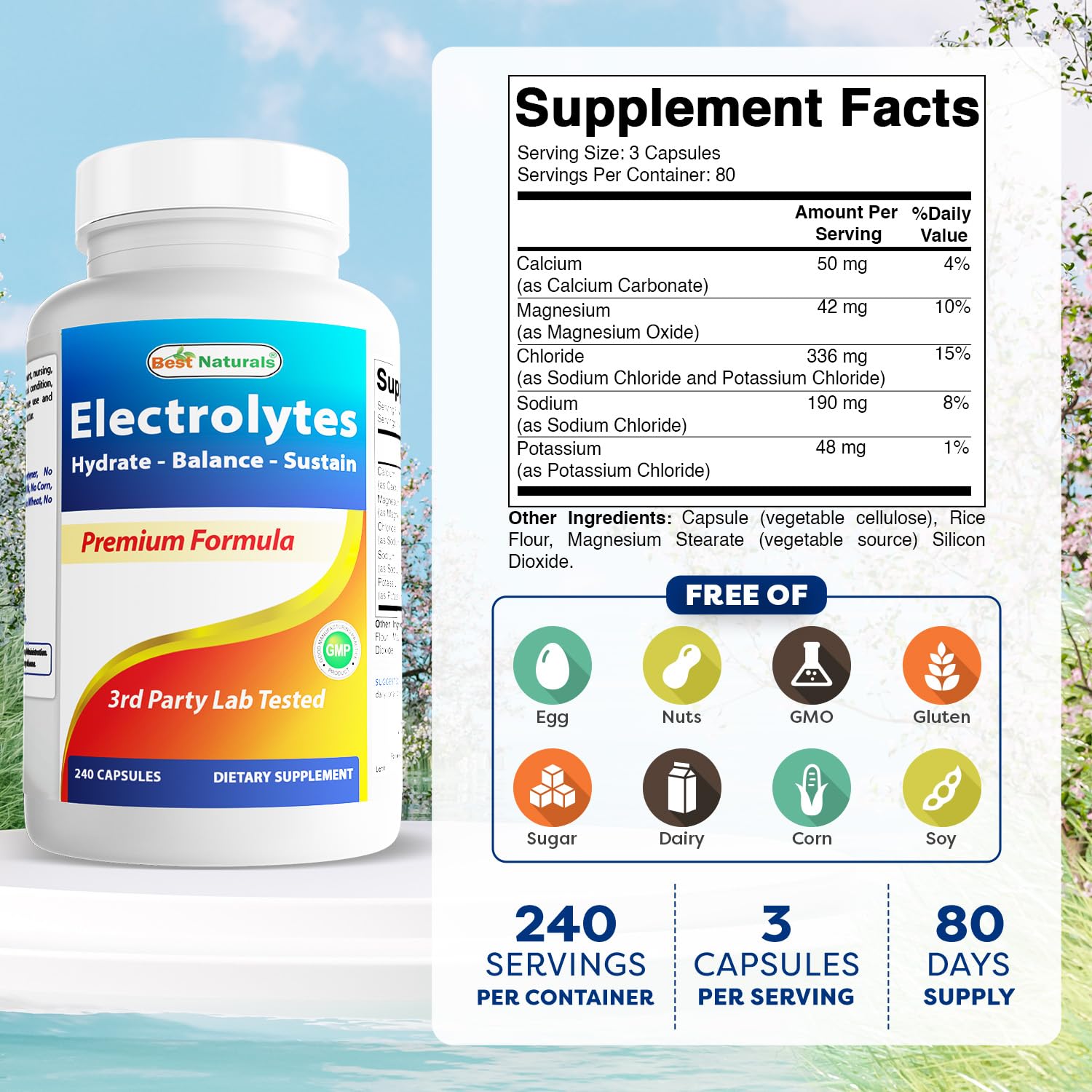 Best Naturals electrolytes label highlighting gluten-free and non-GMO formula