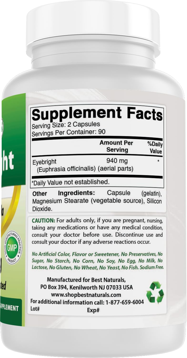 Best Naturals Eyebright gluten-free and non-GMO formula details on label.