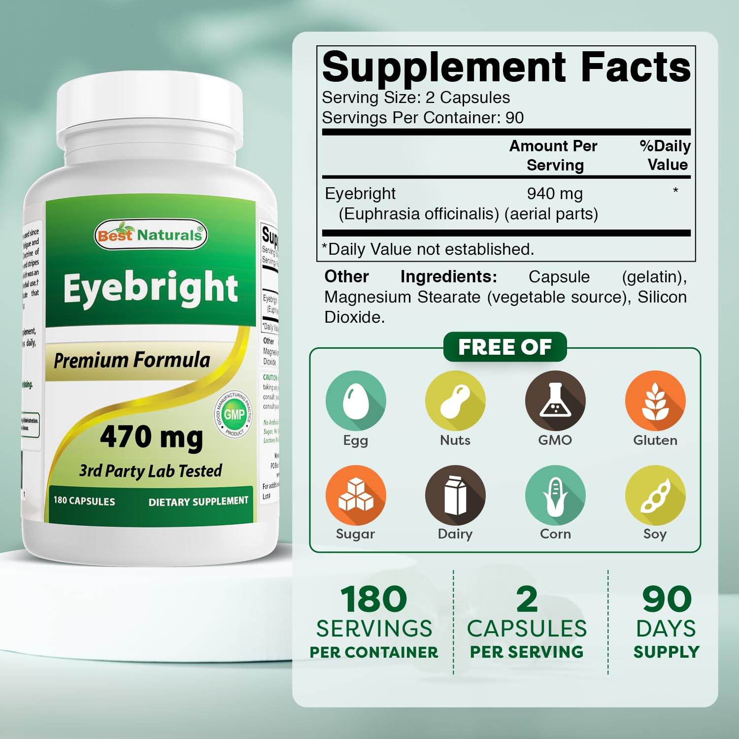 Best Naturals Eyebright label close-up with clear allergen-free information.