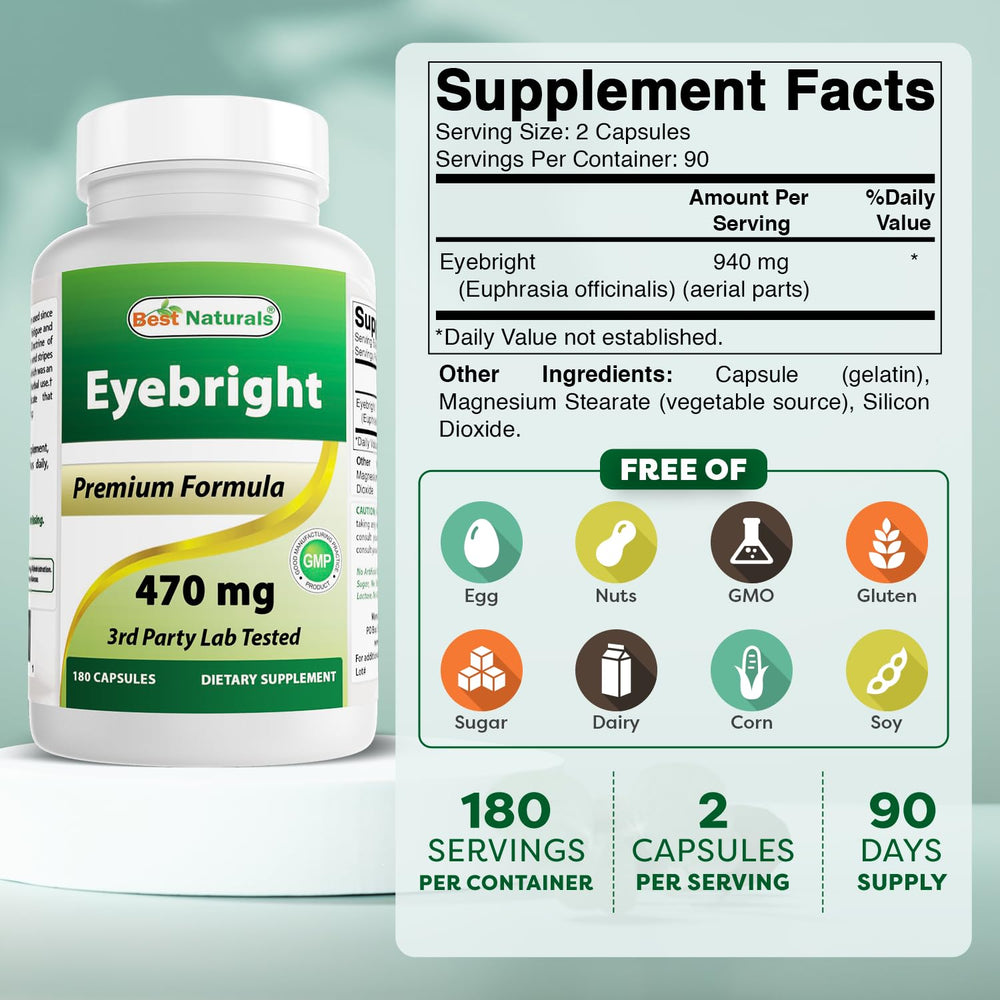 Best Naturals Eyebright label close-up with clear allergen-free information.