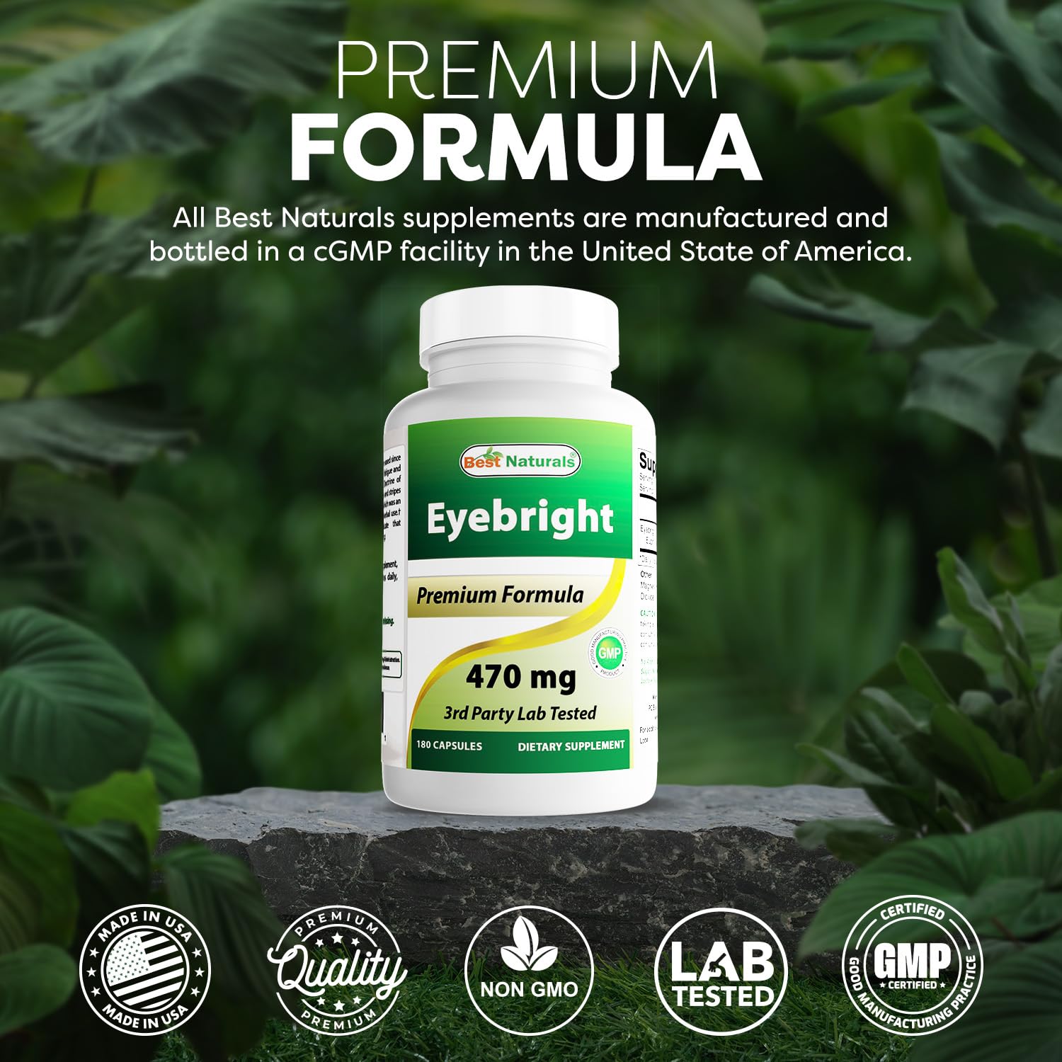 Best Naturals Eyebright made in USA GMP facility claim on bottle.