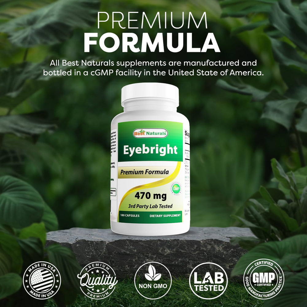 Best Naturals Eyebright made in USA GMP facility claim on bottle.