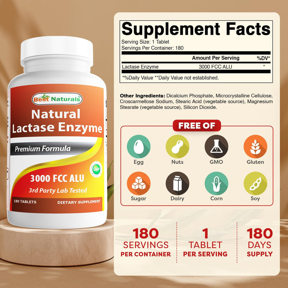 Best Naturals lactase bottle back with label details and purity notes