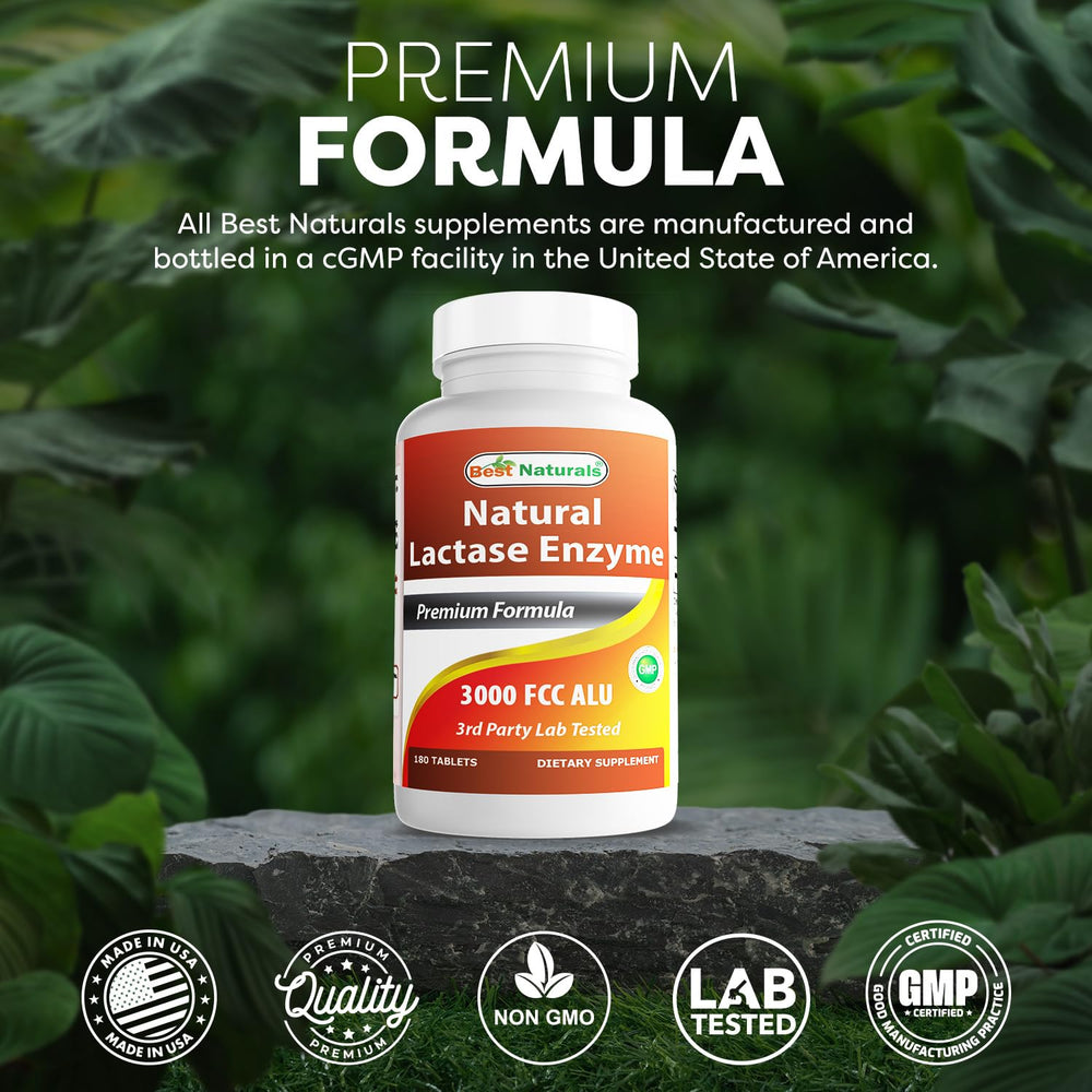 Best Naturals lactase tablet packaging highlights non-GMO and gluten-free formula
