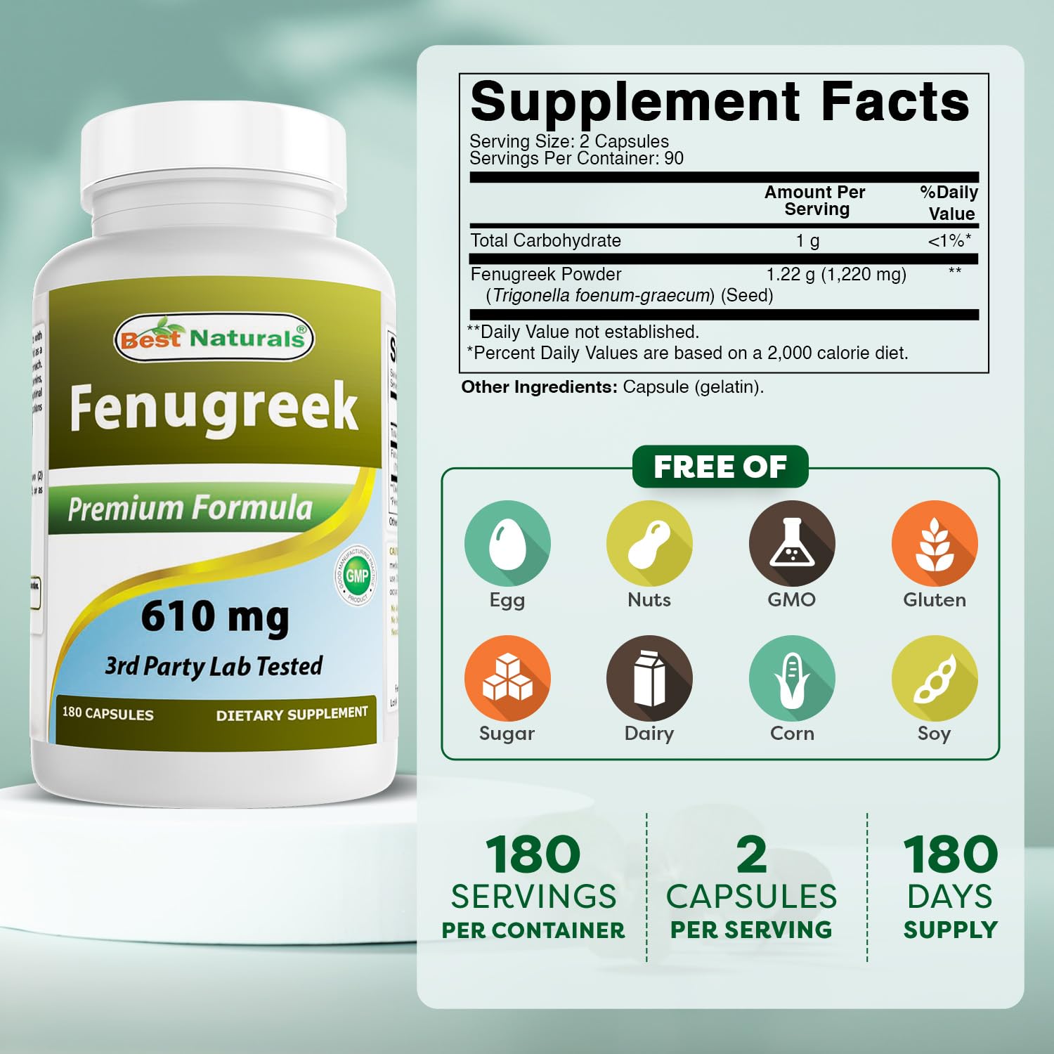 Best Naturals Fenugreek Seed 610mg capsules ready for everyday use and travel