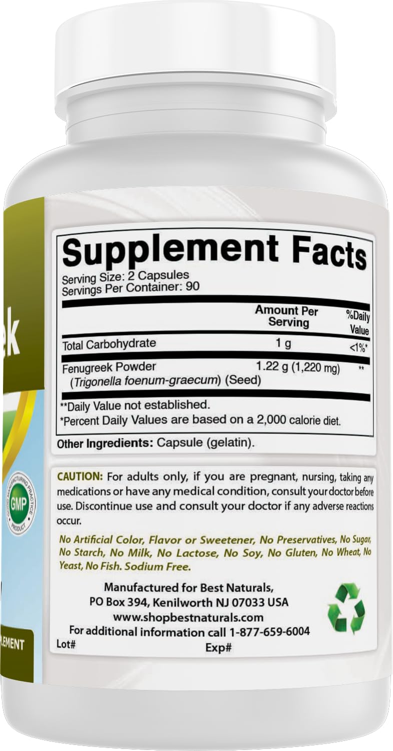 Best Naturals Fenugreek Seed 610mg packaging shows non-GMO and gluten-free features