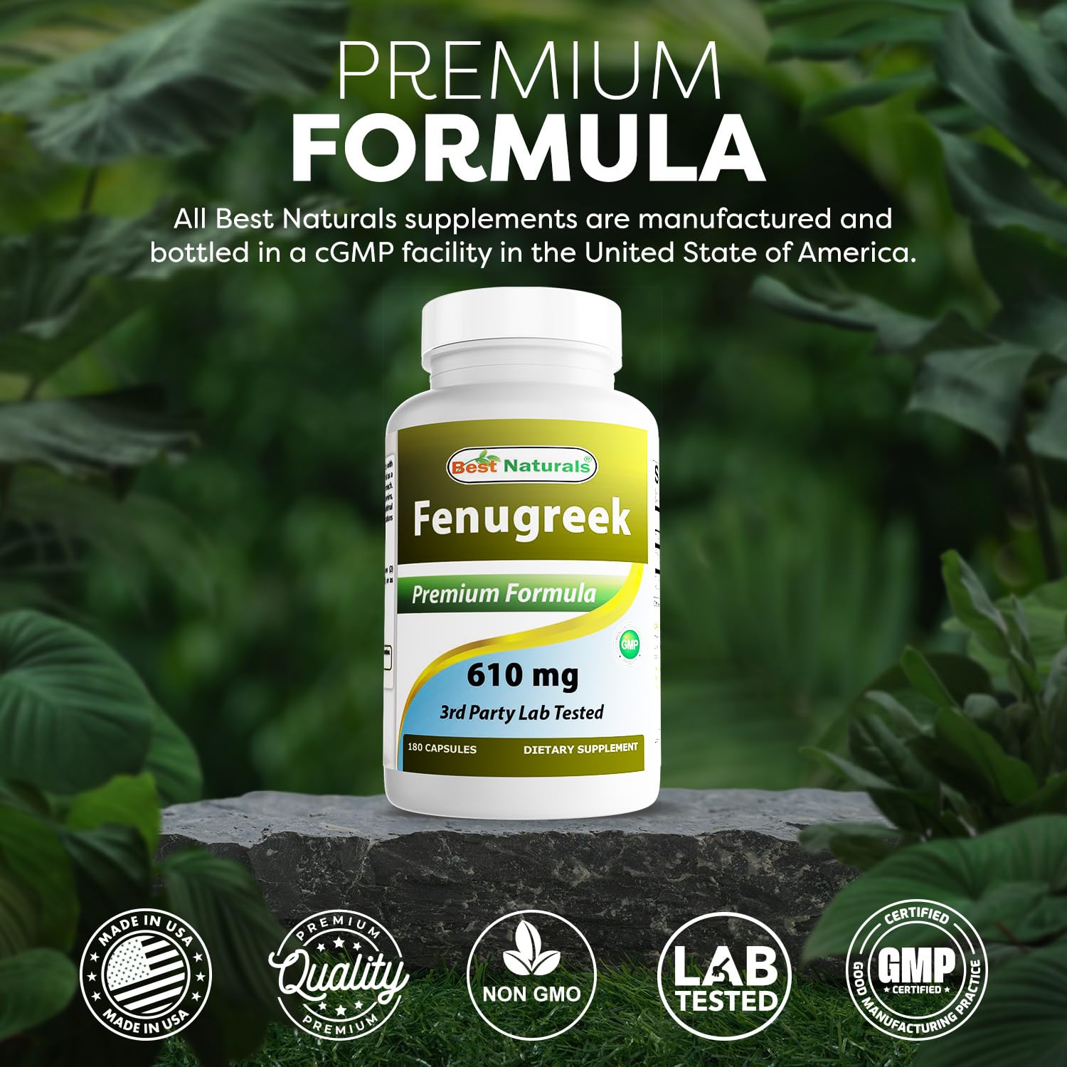Best Naturals Fenugreek Seed 610mg seal conveys product integrity and testing