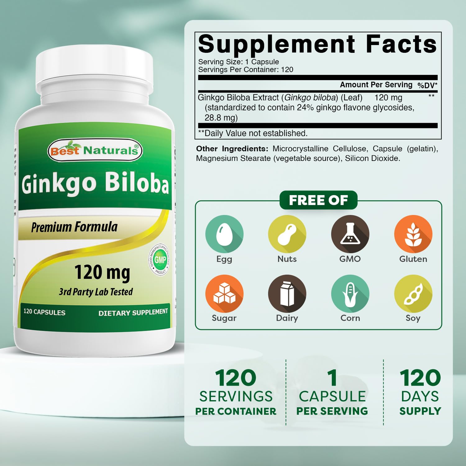 Close-up of Best Naturals Ginkgo Biloba capsules for easy daily dosing.