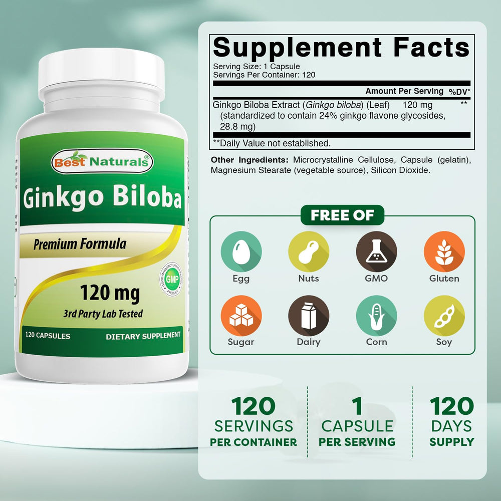 Close-up of Best Naturals Ginkgo Biloba capsules for easy daily dosing.