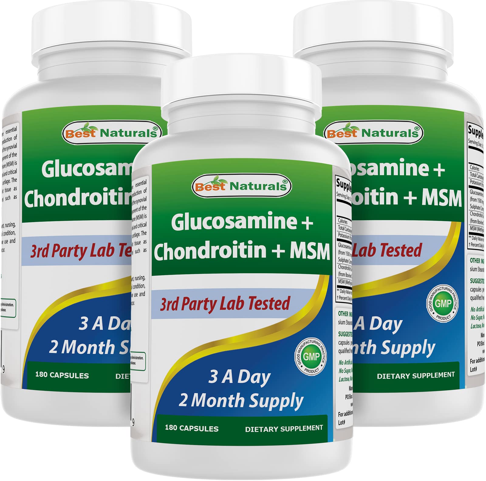 Best Naturals Glucosamine Chondroitin MSM bottle with 3rd-party purity testing for joint support.