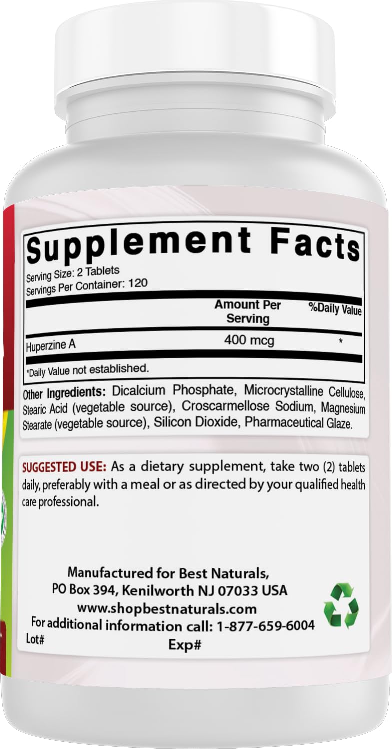Best Naturals Huperzine A bottle side view of sodium-free packaging.