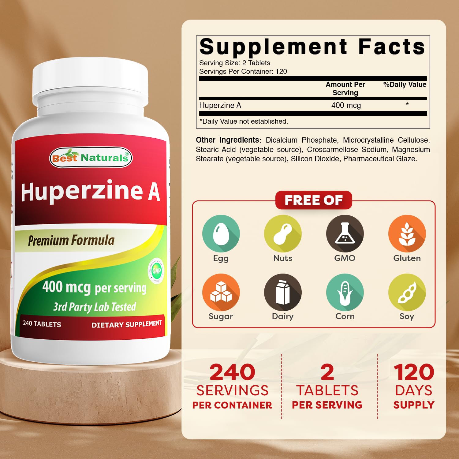 Best Naturals Huperzine A tablets close-up highlighting 400 mcg per serving.