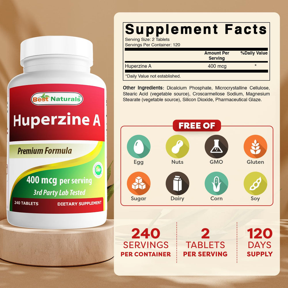 Best Naturals Huperzine A tablets close-up highlighting 400 mcg per serving.
