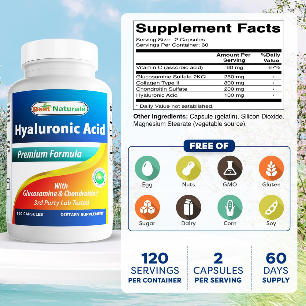 Best Naturals Hyaluronic Acid capsules close-up highlights easy daily intake.