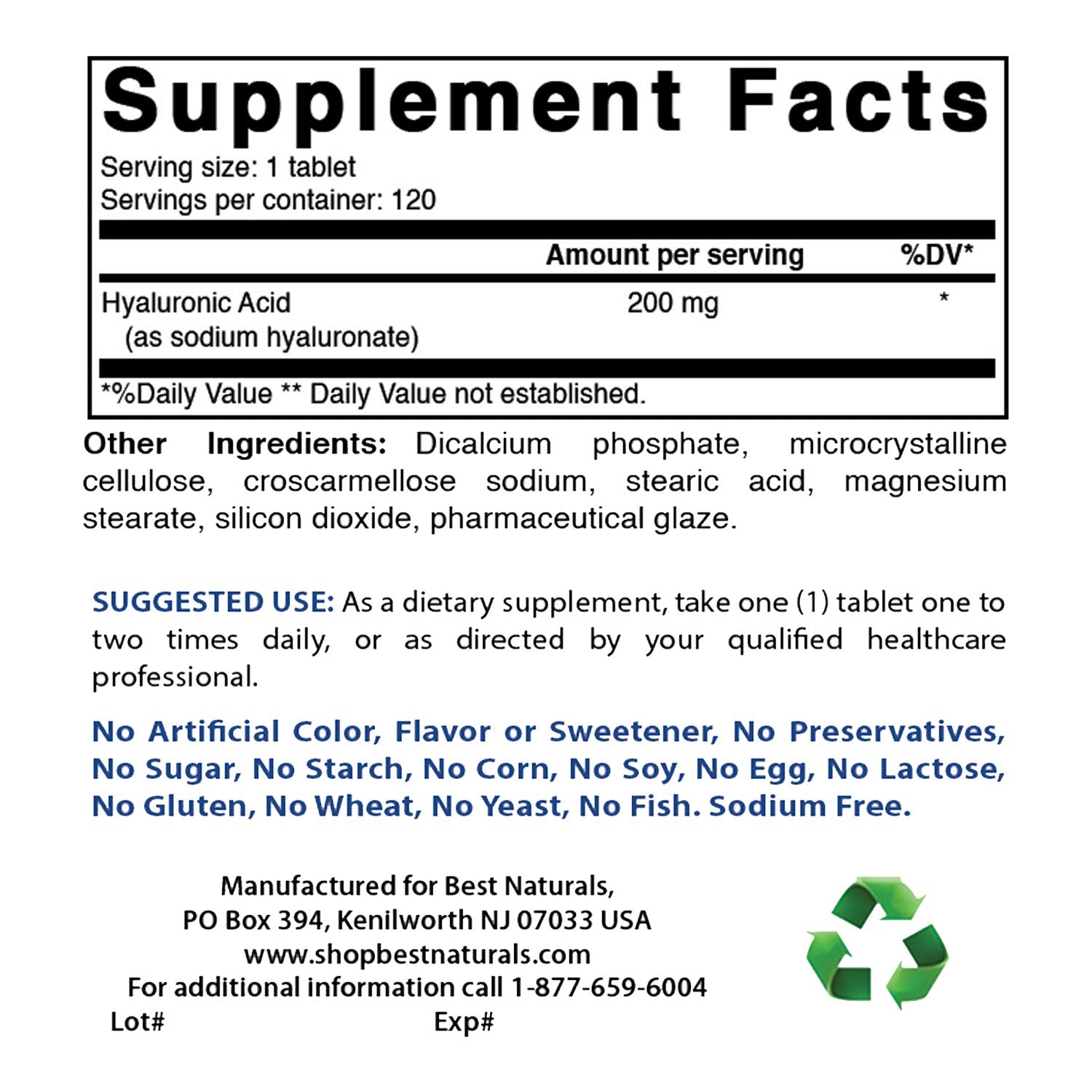 Best Naturals Hyaluronic Acid bottle top view highlighting clean label and gluten-free formula