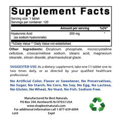 Best Naturals Hyaluronic Acid bottle top view highlighting clean label and gluten-free formula