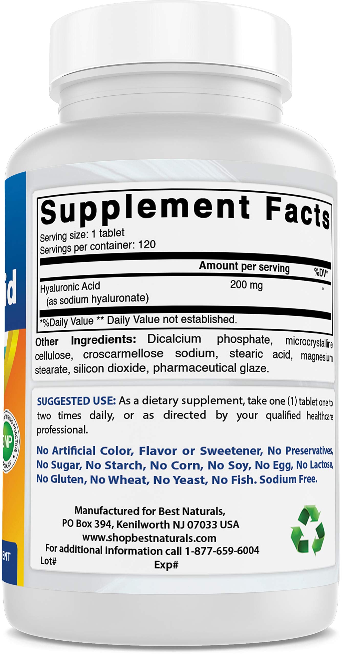 Best Naturals Hyaluronic Acid label detail notes non-GMO and gluten-free benefits