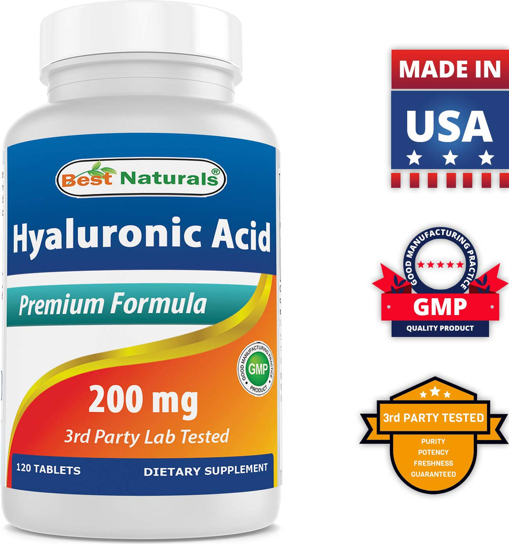 Best Naturals Hyaluronic Acid packaging close-up confirms sugar-free and allergen-free ingredients