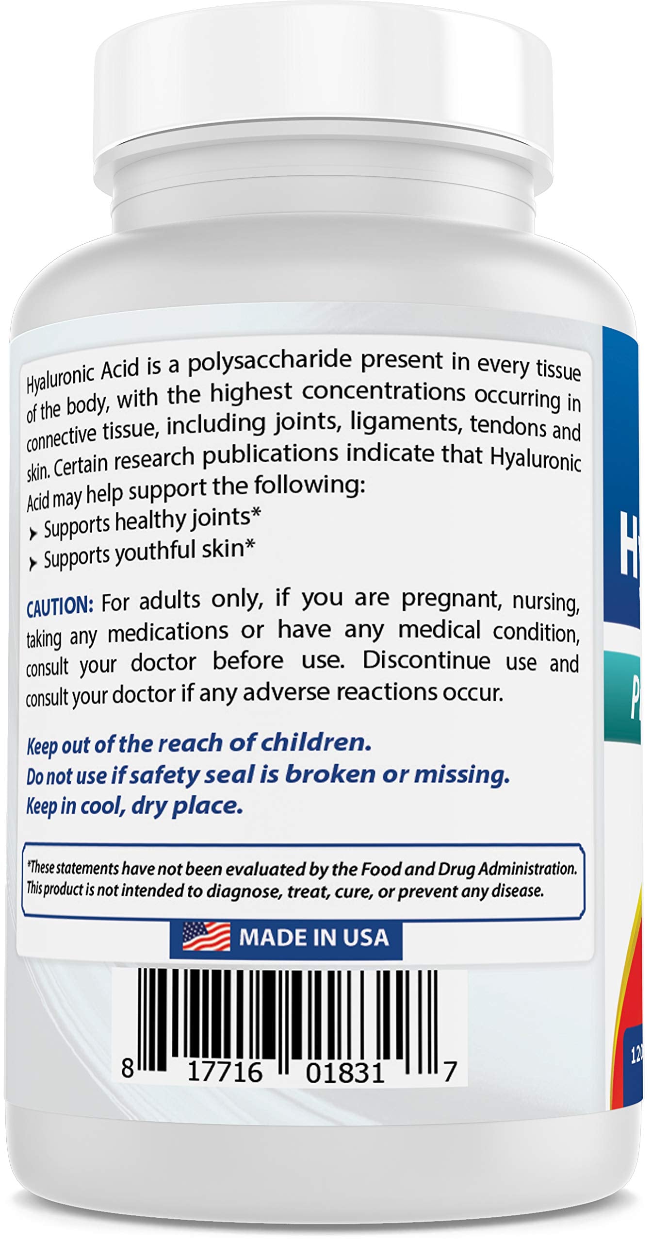 Best Naturals Hyaluronic Acid bottle image features USA GMP compliant manufacturing