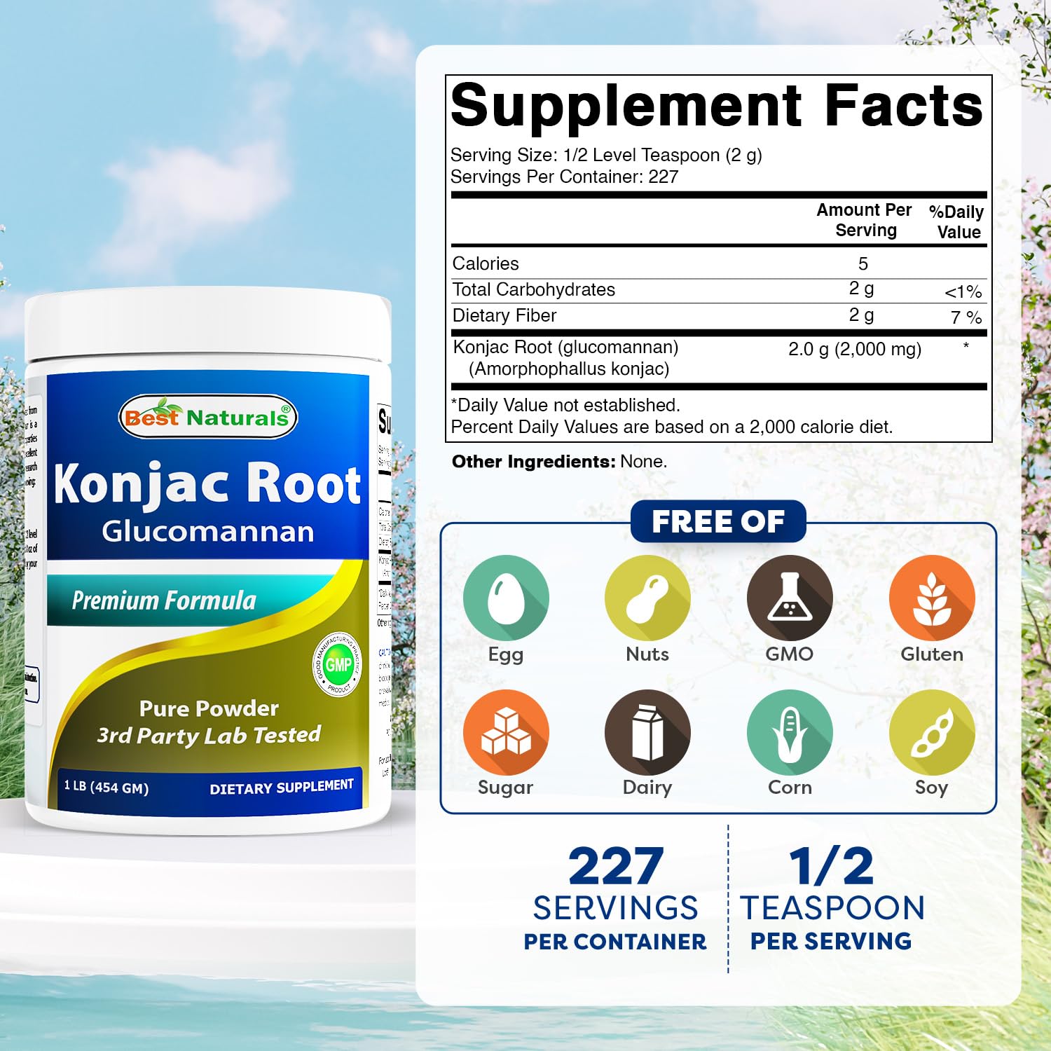 Best Naturals Konjac Glucomannan label close-up, highlights 2000 mg per serving and quality ingredients.